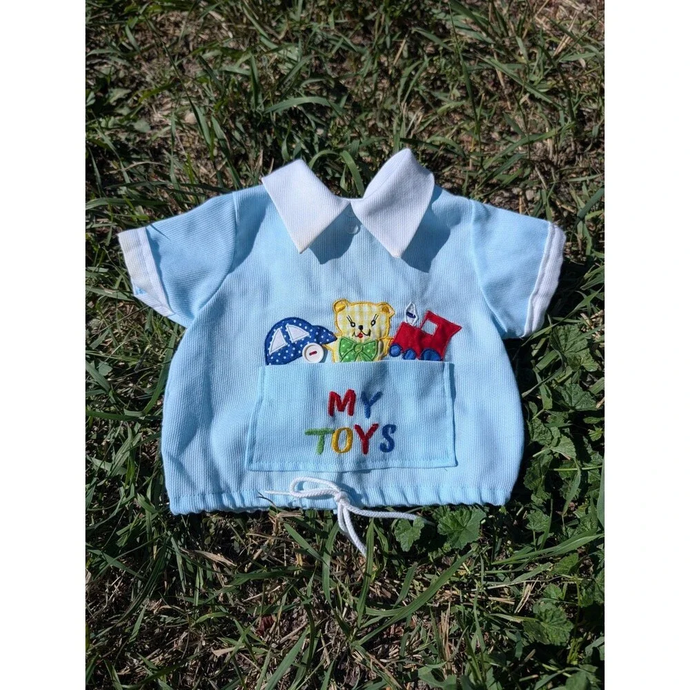 Vintage 1980s Baby Blue Collar Shirt  MY TOYS embroidered Teddy Bear Cars 12 M